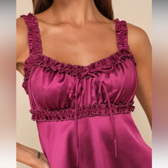 Lulu’s Decidedly Beloved Plum Satin Ruffled Skater Mini Dress - Picture 3 of 4